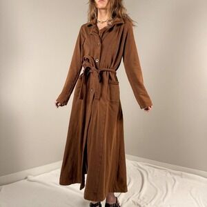 CAbi Brown Belted Maxi Coat | Boho Minimalist Fitted Cotton Trench | Size M